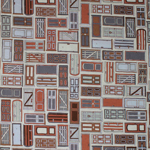 Square swatch doors printed fabric (white fabric with horizontal and vertical drawn-style doors allover in various styles/colours following a white, grey, burnt orange, burgundy colourway)