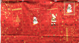 Full panel swatch - Christmas Stocking Panel (45"x34") (red marbled look fabric with gold and burgundy snowflakes, makes 3 Christmas stockings with tree, snowman, and Santa graphics)