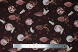 Flat swatch ornaments fabric (burgundy fabric with pale burgundy snowflakes background with large tossed white and burgundy Christmas style ornaments and pine cones, feathers)
