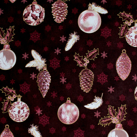 Square swatch ornaments fabric (burgundy fabric with pale burgundy snowflakes background with large tossed white and burgundy Christmas style ornaments and pine cones, feathers)