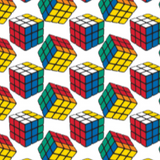 Square swatch Rubiks Cube themed fabric (white fabric with coloured Rubiks cubes tossed allover)