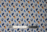 Flat swatch Wheel Barrow fabric (white fabric with blue and yellow wheel barrows tossed)