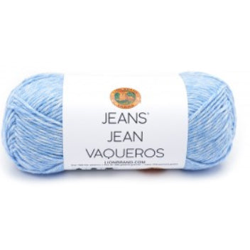 A ball of Lion Brand Jeans in colourway Faded (heathered light blue)