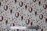 Flat swatch Canada themed printed fabric in linen camper (red campers and winter accessories on beige)