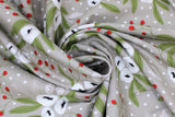 Swirled swatch Floral fabric (grey fabric with white polka dots and tossed illustrative style floral groupings in white floral heads with green leaves and red berries tossed allover)
