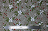 Flat swatch Floral fabric (grey fabric with white polka dots and tossed illustrative style floral groupings in white floral heads with green leaves and red berries tossed allover)