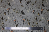 Flat swatch Vintage Grey Birds fabric (grey fabric with tossed coloured illustrative design birds and labels)