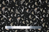 Flat swatch Charcoal Birds fabric (charcoal grey fabric with tossed coloured illustrative design birds and labels)
