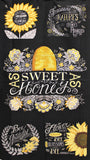 As sweet as honey panel full swatch (black rectangular vertical panel with 5 graphics, large "as sweet as honey" text and hive/floral in middle, small sunflower and text styles on top and bottom)