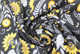 Busy Bees & Sunflower Black (black fabric with tossed yellow sunflower heads, white leaves and swoopy greenery, bumblebees tossed)