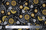Busy Bees & Sunflower Black (black fabric with tossed yellow sunflower heads, white leaves and swoopy greenery, bumblebees tossed)