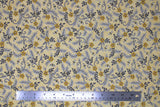 Flat swatch assorted bee printed fabric in busy bees yellow (pale yellow fabric with tossed small yellow flower heads and yellow tiny bees and blue leaves allover)