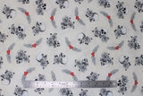 Flat swatch white born to ride fabric (white fabric with tossed white skulls and roses, red hearts with white wings)