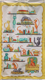 Full panel swatch - Cat Panel (45" x 23") (white rectangular panel with yellow frame, cartoon style kitties on bookshelves allover in various colours/poses etc)