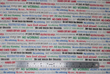 Flat swatch man cave themed fabric in white text (white fabric with black/grey/red/blue/green writing man cave phrases ex: "NO WORKING" "All day Gaming" etc.)