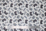 Flat swatch man cave themed fabric in video games white (white fabric with assorted small grey cartoon video game controllers and remotes tossed)
