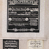Square swatch - Life's Recipe Panel - (45" x 23") (natural coloured fabric with black chalkboard style squares with white writing "Recipes for Life" "Ingredients for Happiness" "Keys to Success" and white old style card "Recipe for Love" "Secret to Friendship" rectangles with text within)