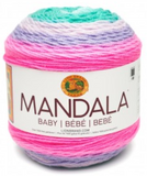 A cake of Lion Brand Mandala Baby yarn in colourway pixie hollow (white, aqua, lavender, baby pink, hot pink)