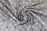 Swirled swatch Puuur fabric (grey fabric with tossed white and yellow cursive writing "play" "purrr" "kitty" etc and tossed black paw prints)