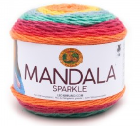 A cake of Lion Brand Mandala Sparkle yarn on white background in colourway hercules (orange, pink, aqua, yellow, orange yarn with metallic sparkles throughout)