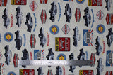 Flat swatch Full Service Garage fabric (white fabric with garage sign emblems in full colour and old cars in black and white)