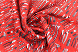 Swirled swatch Tools fabric (red fabric with illustrative garage tools allover)