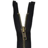 55cm medium weight one way separating outerwear zipper in black with brass zipper pull half zipped