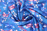 Swirled swatch dragonflies blue fabric (dark blue fabric with tossed medium size pink and blue dragonflies with tiny pink and blue floral heads throughout)