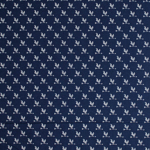 Square swatch break of day fabric (dark blue fabric with tiny white repeated pattern allover chicken sitting on single weather vane arrow)