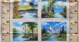 Bob Ross panel full swatch (Rectangular panel with white back ground/faded grey signatures, 4 landscape paintings and two side panels of paint brushes with thick orange outline)