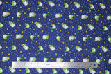 Flat swatch magical themed printed fabric in print frog prince (dark blue fabric with tiny light blue stars tossed and cartoon green frogs with gold crowns and gold stars)