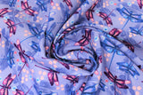 Swirled swatch dragonflies purple fabric (light purple fabric with tossed medium size purple and blue dragonflies with tiny pink and blue floral heads throughout)