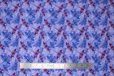 Flat swatch dragonflies purple fabric (light purple fabric with tossed medium size purple and blue dragonflies with tiny pink and blue floral heads throughout)