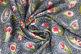 Swirled swatch Grey fabric (dark grey fabric with white dots and tossed fuchsia tulips with greenery in white paisley like shapes)