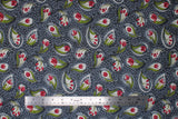 Flat swatch Grey fabric (dark grey fabric with white dots and tossed fuchsia tulips with greenery in white paisley like shapes)