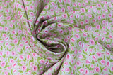 Swirled swatch Beige fabric (beige fabric with tossed small purple tulips with greenery allover and small purple dots)