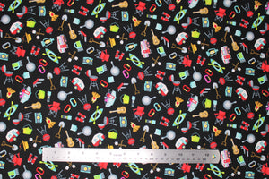 Group swatch assorted camping themed fabrics in various styles/colours