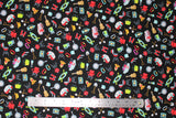 Flat swatch camping toss fabric (black fabric with tiny full colour camping emblems tossed allover: campers, kayaks, BBQs, guitars, fire, chair, flashlight, etc.)