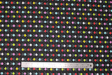 Flat swatch BBQ fabric (black fabric with tiled tiny circular 3-leg BBQs in yellow, white, pink, red, blue)