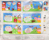 Full panel swatch (36" x 44") Huggable & Loveable panel (what does the farm animal say? style graphics with cartoon pig, horse, chickens, cow, dog, etc. red barns and tractors)