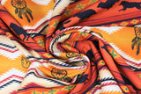 Swirled swatch Terracotta fabric (horizontal striped southwest style fabric with geometric shapes, wolf silhouettes, dream catchers, etc. and yellow, orange and red tones)
