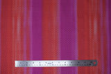 Flat swatch pink fabric (fuchsia pink and pale red faded vertical stripes with mermaid scale pattern allover)