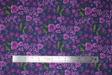 Flat swatch eggplant fabric (dark purple fabric with tossed purple floral heads in various styles with dark green stems and leaves tossed allover)