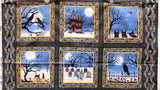 Full panel swatch - Spooky Night Panel - (45" x 23") (charcoal grey rectangular panel with ornate style design allover, side decorative stripes with orange spiders in webs, 6 framed spooky Halloween themed graphics depicting snowy weather, deep blue sky with bright white moon, graveyards, raven birds, black cats, pumpkins and castle)