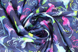 Swirled swatch Dark Blue fabric (dark blue fabric with tossed colourful hummingbird and swirlies silhouettes)