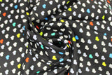 Swirled swatch Hearts fabric (black fabric with tossed tiny hearts allover in white, grey, black and white and rainbow shades)