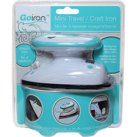 Mini travel/craft iron in packaging (white/light blue colours)
