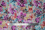 Flat swatch sunset fabric (white fabric with large watercolour look floral heads in purple, blue, pink, yellow, orange)