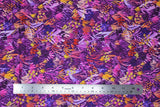 Flat swatch dusk fabric (medium purple fabric with busy wispy plant and floral look shapes allover in purple, pink, blue, yellow, orange, red)