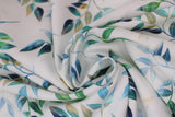 Swirled swatch bloom fabric (white fabric with long stemmed greenery with several leaves repeated pattern on white in green, blue, teal, yellow)